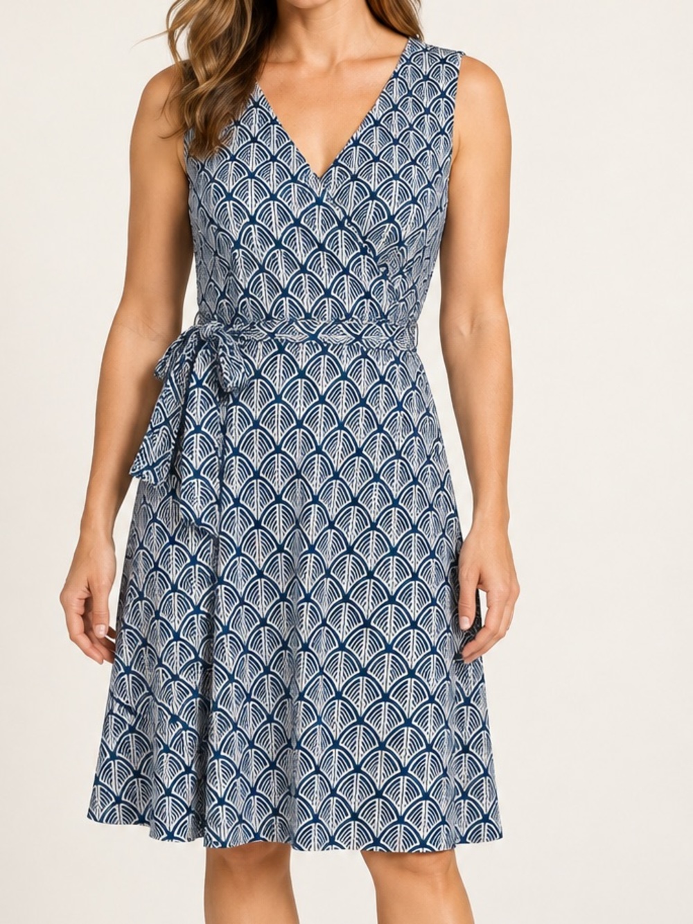 41 Hawthorn Lorene Faux Wrap Knit Dress M Blue Geometric Tie Waist Stitch Fix